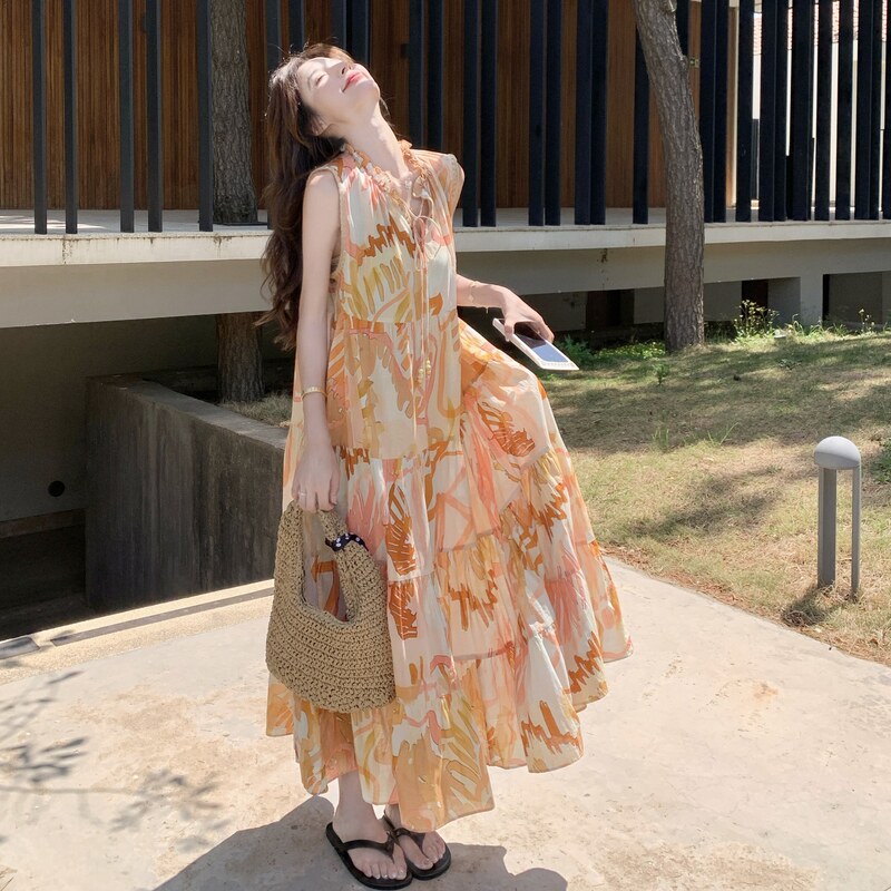 碎花无袖连衣裙女夏2025新款流行巨好看超火爆款度假风法式长裙,女装连衣裙,2C198