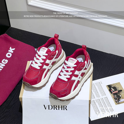 小个子红色老爹鞋女超火2025秋季新款厚底内增高7CM运动休闲鞋女