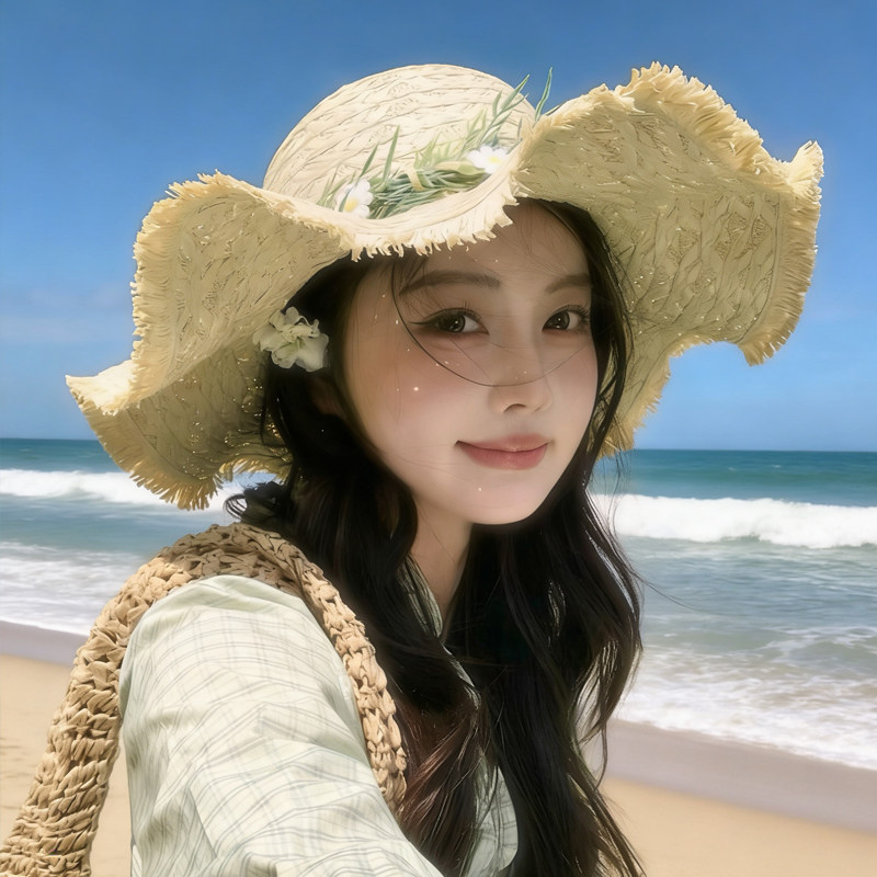 2026新款度假风大檐草帽女夏季海边防晒遮阳花朵装饰沙滩草编帽子