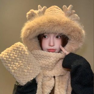 可爱鹿角帽子2025冬季新款女生手套围巾一体冬天护耳帽保暖三件套