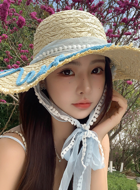 立体字母大帽檐飘带草帽女夏海边度假沙滩蕾丝飘带遮阳防晒草编帽