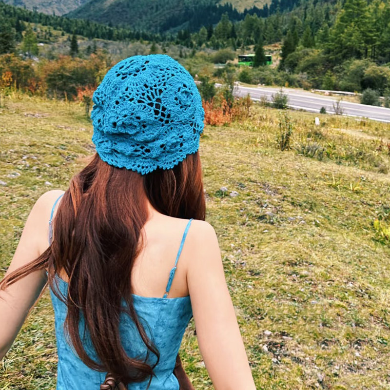 手工钩织蓝色堆堆帽女春秋薄款小众民族风旅游针织包头帽子显脸小