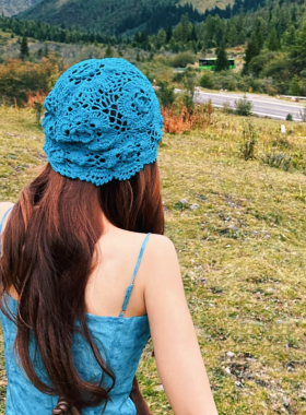 手工钩织蓝色堆堆帽女春秋薄款小众民族风旅游针织包头帽子显脸小