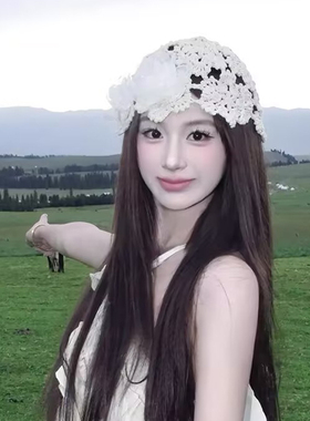 蕾丝花朵镂空针织帽女夏季百搭显脸小手工钩织帽旅游包头毛线帽子