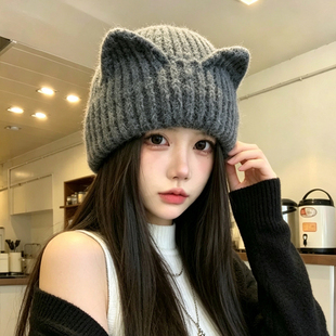 2026新款猫耳朵毛线帽子女秋冬季保暖可爱针织帽韩版休闲百搭软妹