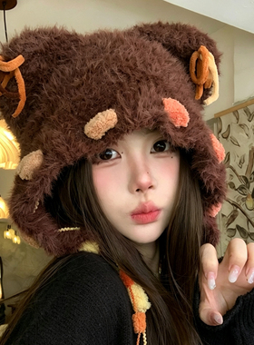 秋冬女小熊耳毛绒保暖护耳雷锋帽