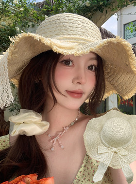 法式蕾丝花边大帽檐遮阳帽草帽