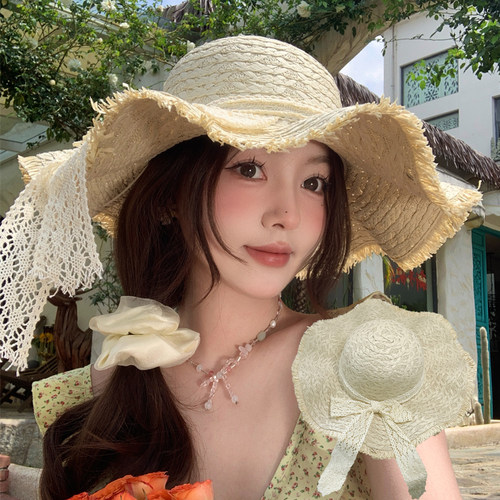 法式蕾丝花边大帽檐遮阳帽草帽
