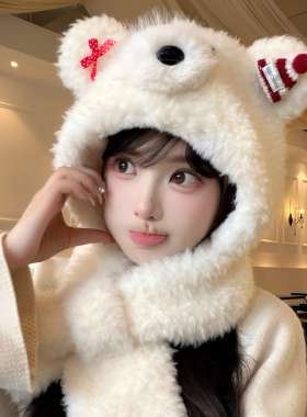 秋冬女小熊毛绒保暖防风围巾帽