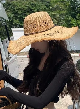 草帽2025新款大檐拉菲草帽女海边出游度假防晒遮阳帽镂空太阳帽子