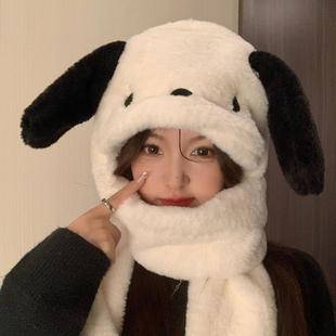 耳朵会动毛绒帽围巾手套一体女冬季保暖厚三件套防寒可爱小狗帽子