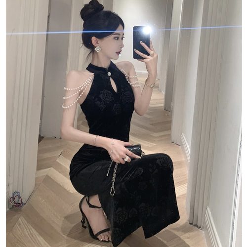 秋冬女装纯欲风性感旗袍金丝绒中长款礼服挂脖露肩开叉包臀连衣裙