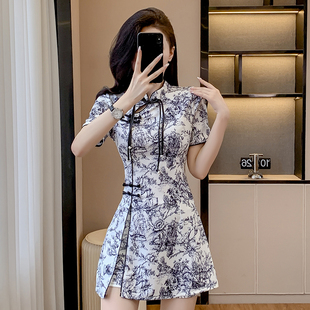 水墨国风盘扣连衣裙短裤 春季 新中式 改良旗袍套装 工作服两件套 新款