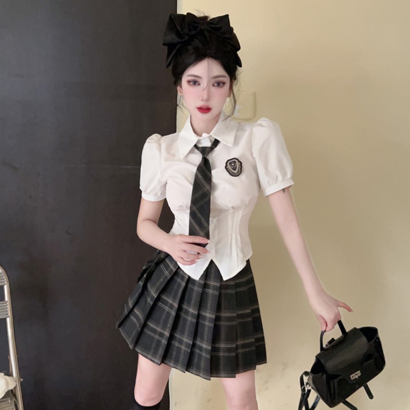 jk制服套装夏季英伦学院风少女衬衫上衣高腰百褶短裙工作服两件套