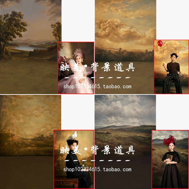 影楼新款摄影复古油画风景背景布艺术照写真儿童拍照婚纱背景布