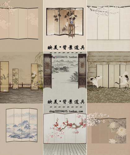 影楼拍照摄影主题背景全家福古装屏风工笔画中国风民国古典背景