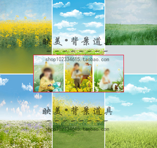 影楼拍照婚纱春天儿童油菜花樱花麦田蓝天草地稻田写真摄影背景布