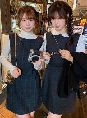 日系甜美格纹收腰包臀背心裙