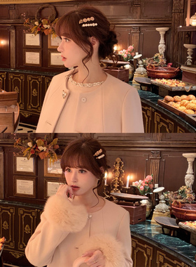 Starry 甜美钓系/纱绘子狐狸毛羊毛大衣 名媛日系袖毛呢千金外套