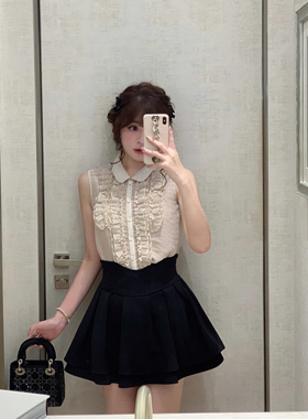 Starry日系小千金/娃娃领木耳边无袖衬衫 甜美名媛气质小上衣24夏