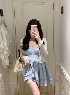 Starry春日狂想曲/日系甜美蝴蝶结吊带连衣裙 碎花格纹鱼骨蛋糕裙