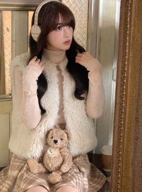 Starry 绒绒暖意/日系甜美环保皮草马甲 羊卷毛毛绒圆领背心外套