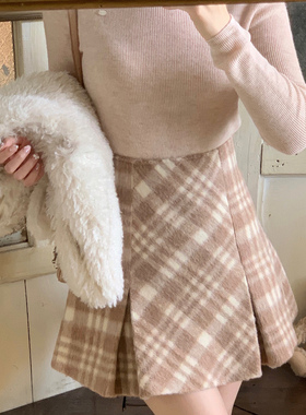 Starry 日系女友/高腰羊毛格纹半身裙 甜美毛呢压褶短款A字裙24冬