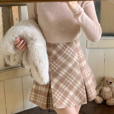 Starry高腰格纹甜美A字半身裙