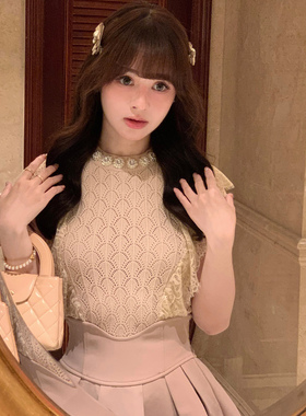 Starry CandyStock/重工珠钉蕾丝拼接针织衫 日系甜美飞袖小衫