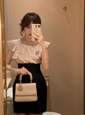 Starry古早千金/日系甜美收腰蝴蝶结连衣裙 清楚系蕾丝拼接包臀裙