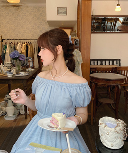 Starry 纱荣子/一字领露肩收腰千金连衣裙 日系甜美泡泡袖公主裙