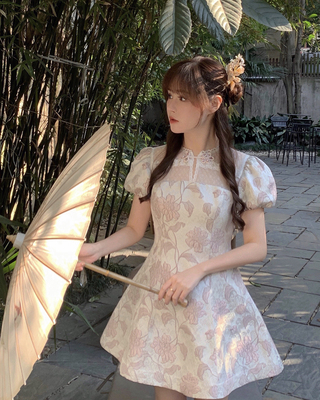 StarryA字蕾丝花朵盘扣改良旗袍