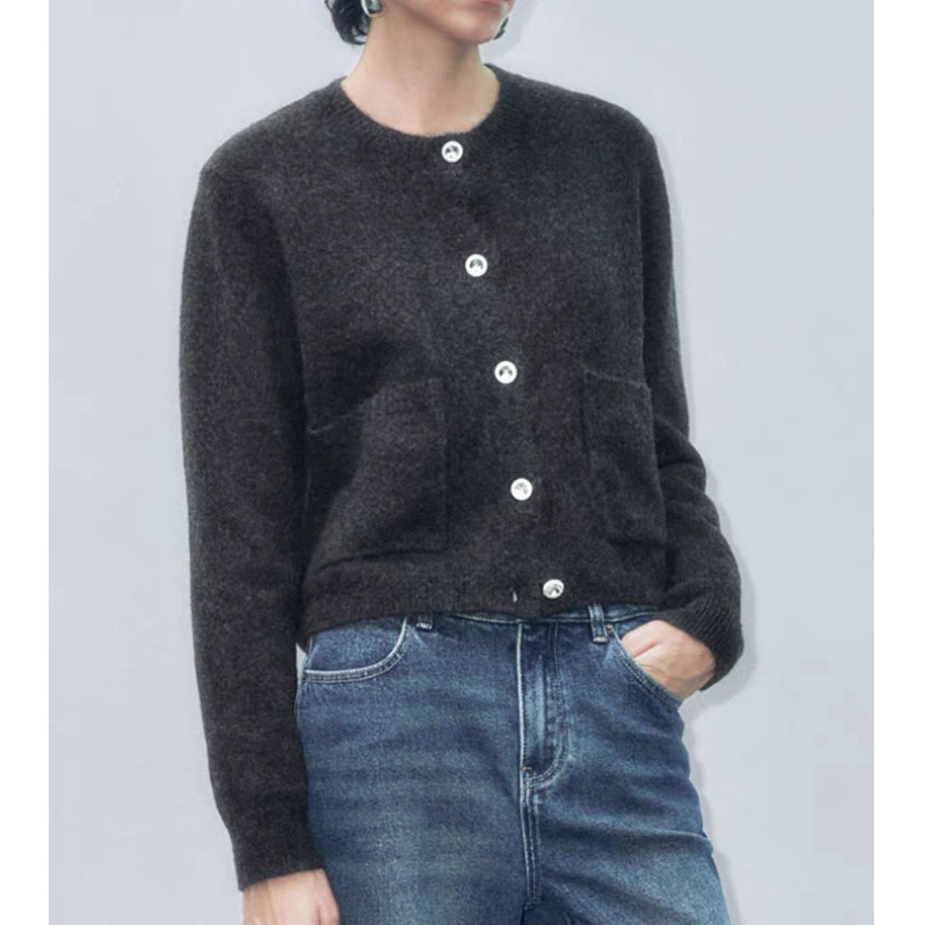 针织衫 圆领单排钻扣双口袋简约通勤百搭春秋冬毛衣开衫 外套0.58