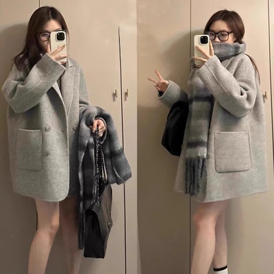 西装领双排扣双口袋秋冬毛呢外套