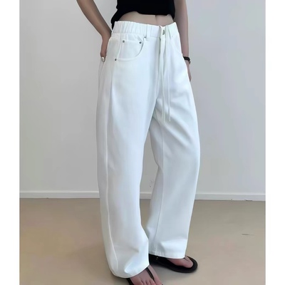 半松紧腰抽绳简约纯白百搭牛仔裤