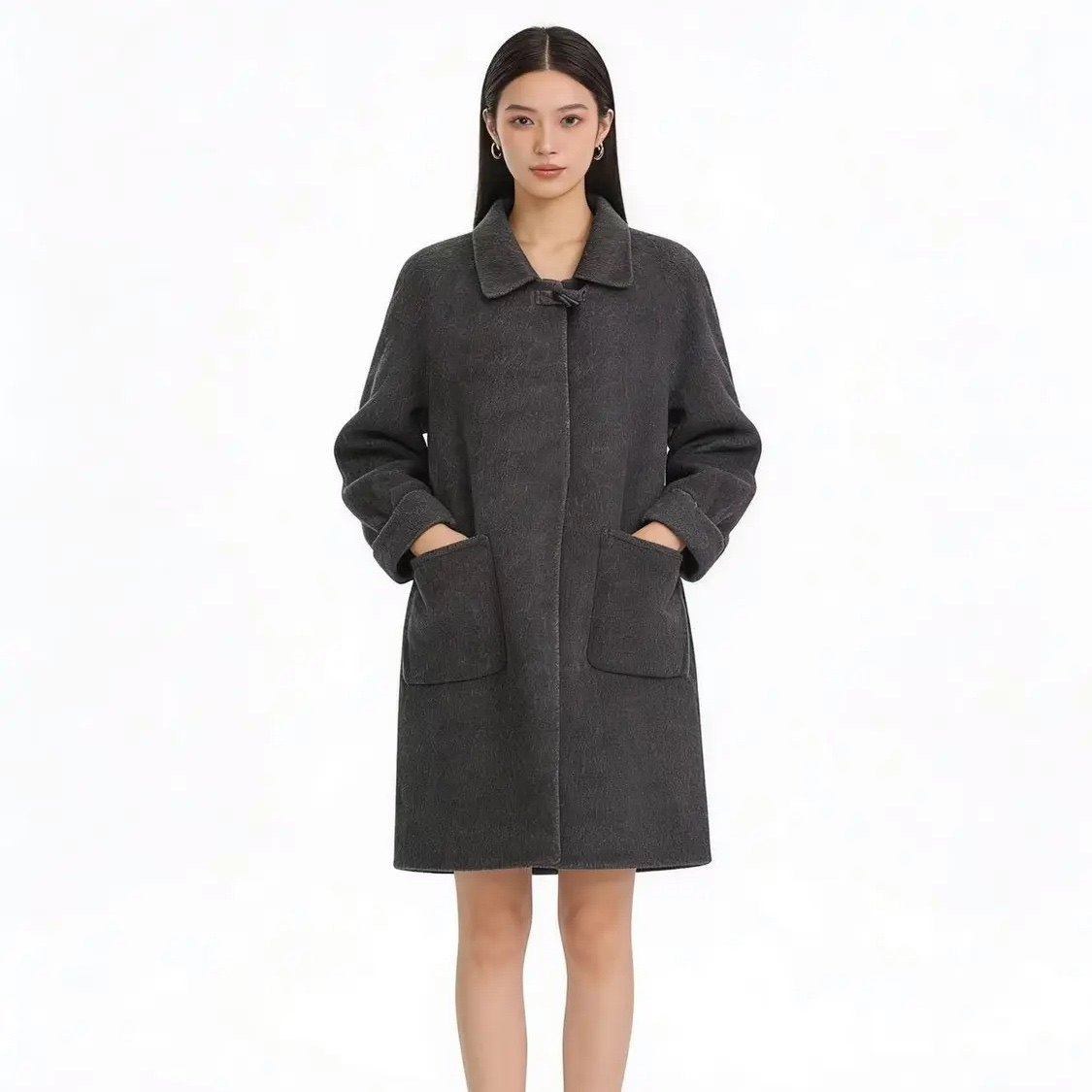 双面呢大衣 翻领一粒扣单排暗扣大口袋中长款精致风 毛呢外套1.11