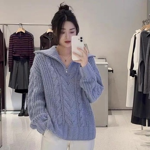 针织衫 翻领可立领拉链半开襟扭花设计休闲百搭秋冬套头 毛衣0.44