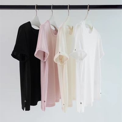 圆领卷边袖下摆小开叉休闲短袖T