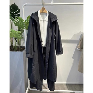 宽松休闲百搭风衣 春秋大版 外套女0.74 连帽抽绳单排扣超长款 风衣