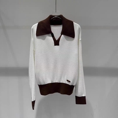 针织衫 高端新品经典翻领棕白撞色宽松百搭学院休闲百搭 上衣0.39