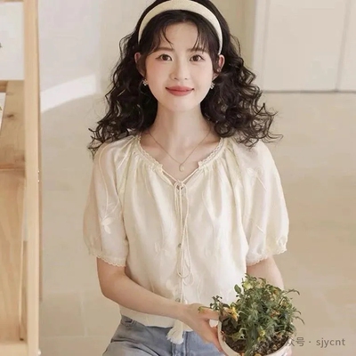 蕾丝花边系带设计半开襟短袖衬衫