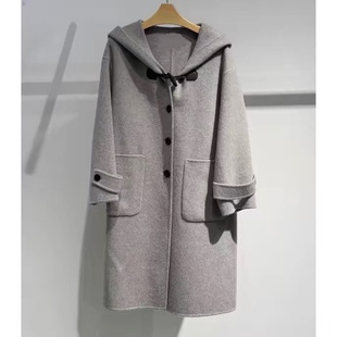双面呢大衣 连帽牛角扣单排扣双口袋长款高级气质百搭呢 外套1.46