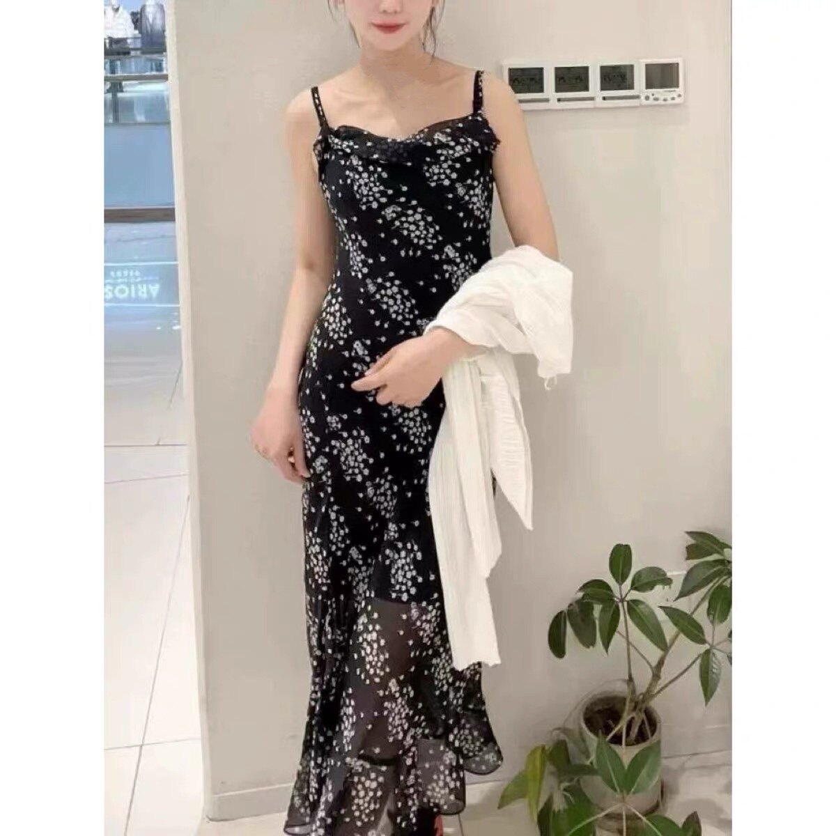 吊带裙堆堆领印花下摆侧开叉鱼尾摆设计夏季时尚轻熟风碎花裙0.18