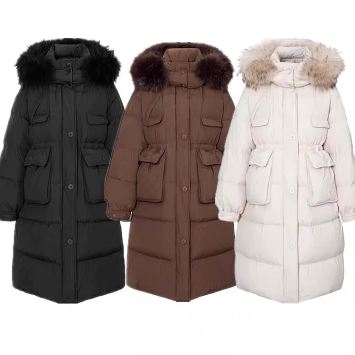 鸭绒羽绒服 时尚新款连帽貉子真毛领抽绳收腰大口袋长款 外套1.25