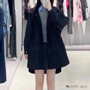 时尚 休闲百搭 新款 宽松中长款 外套0.48 抽绳连帽按扣开襟韩版 风衣