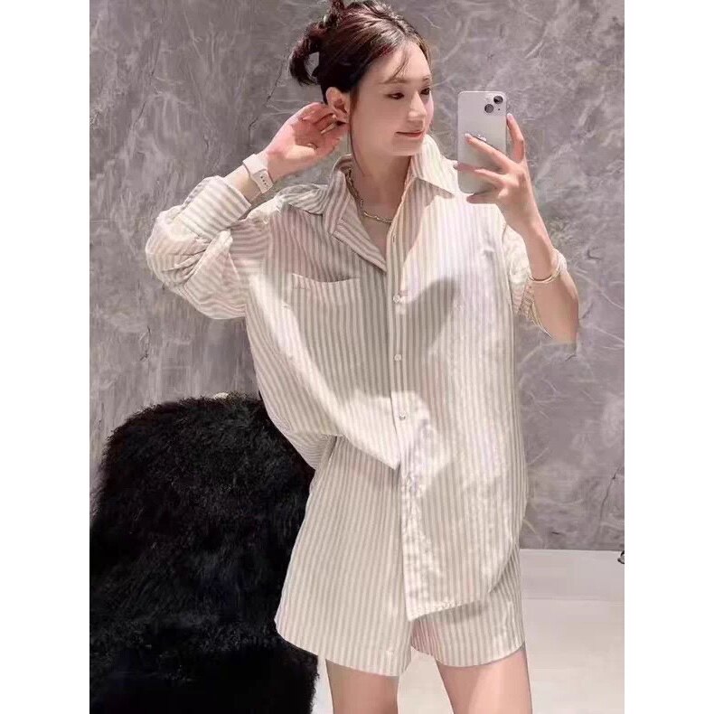 两件套 POLO领浅咖色竖条纹单口袋字母刺绣衬衫+短裤休闲套装0.27