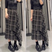 半身裙 格子印花侧拉链不规则下摆毛边毛呢气质百搭中长A字裙0.58