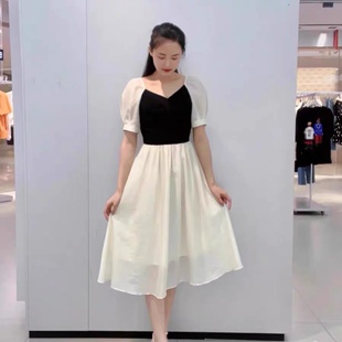 连衣裙 时尚新款露脖抹胸高腰针织拼接暗纹印花温柔风  A字裙0.38