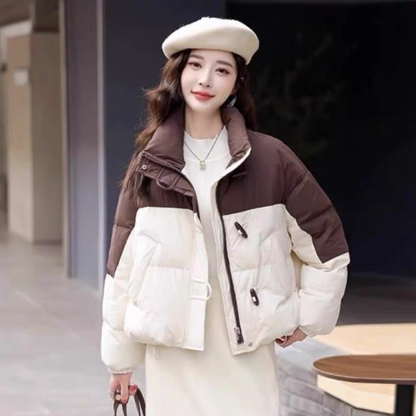 羽绒服 时尚新款简约韩版立领牛角扣拼色设计感甜美百搭 外套0.69