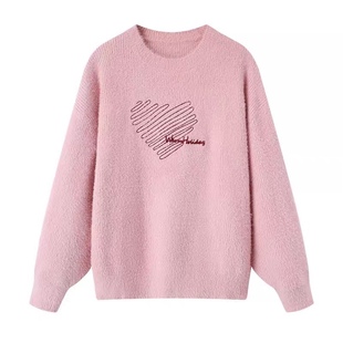 针织衫圆领马海毛字母刺绣抽象图案宽松休闲百搭柔软亲肤毛衣0.63